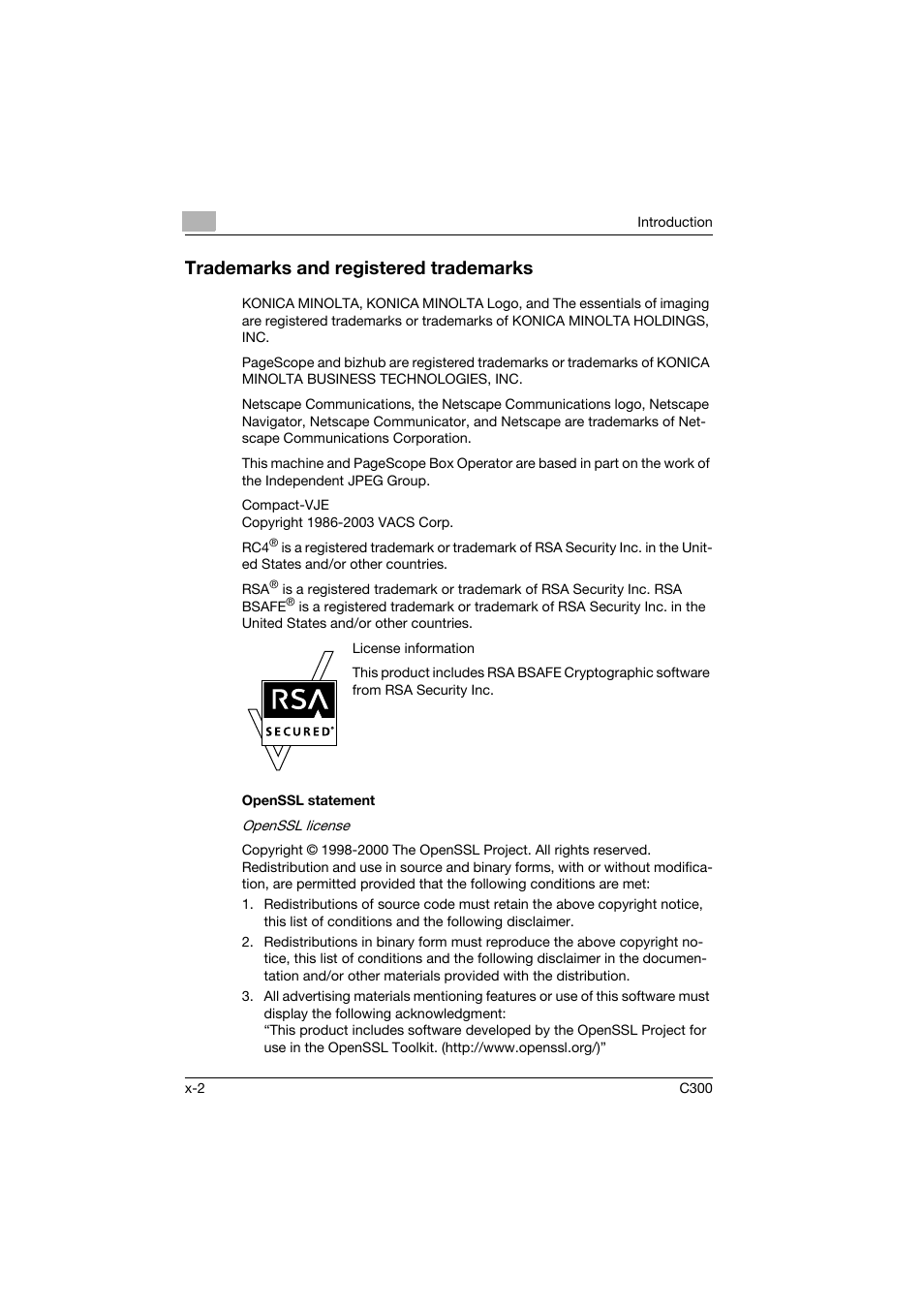 Trademarks and registered trademarks | Konica Minolta bizhub C300 User Manual | Page 3 / 198