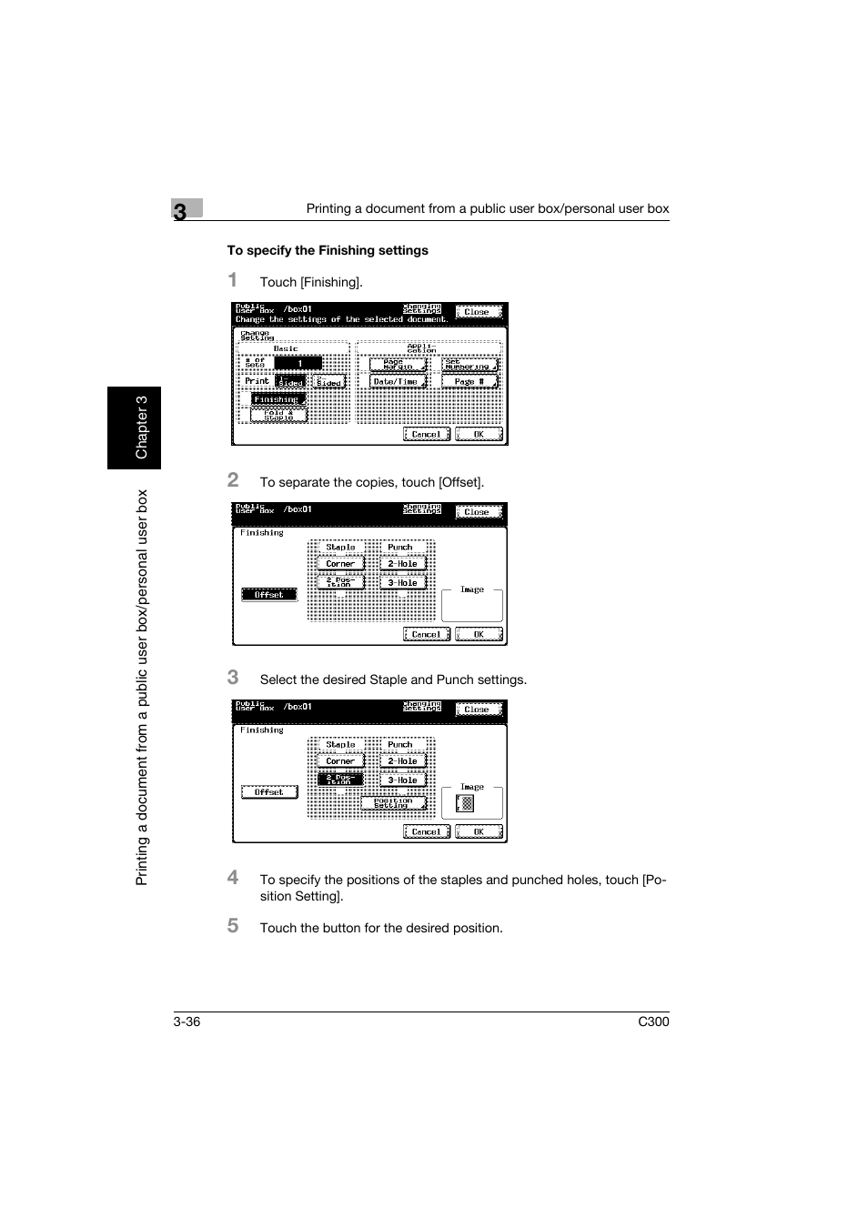 To specify the finishing settings, To specify the finishing settings -36, P. 3-36 | Konica Minolta bizhub C300 User Manual | Page 73 / 198