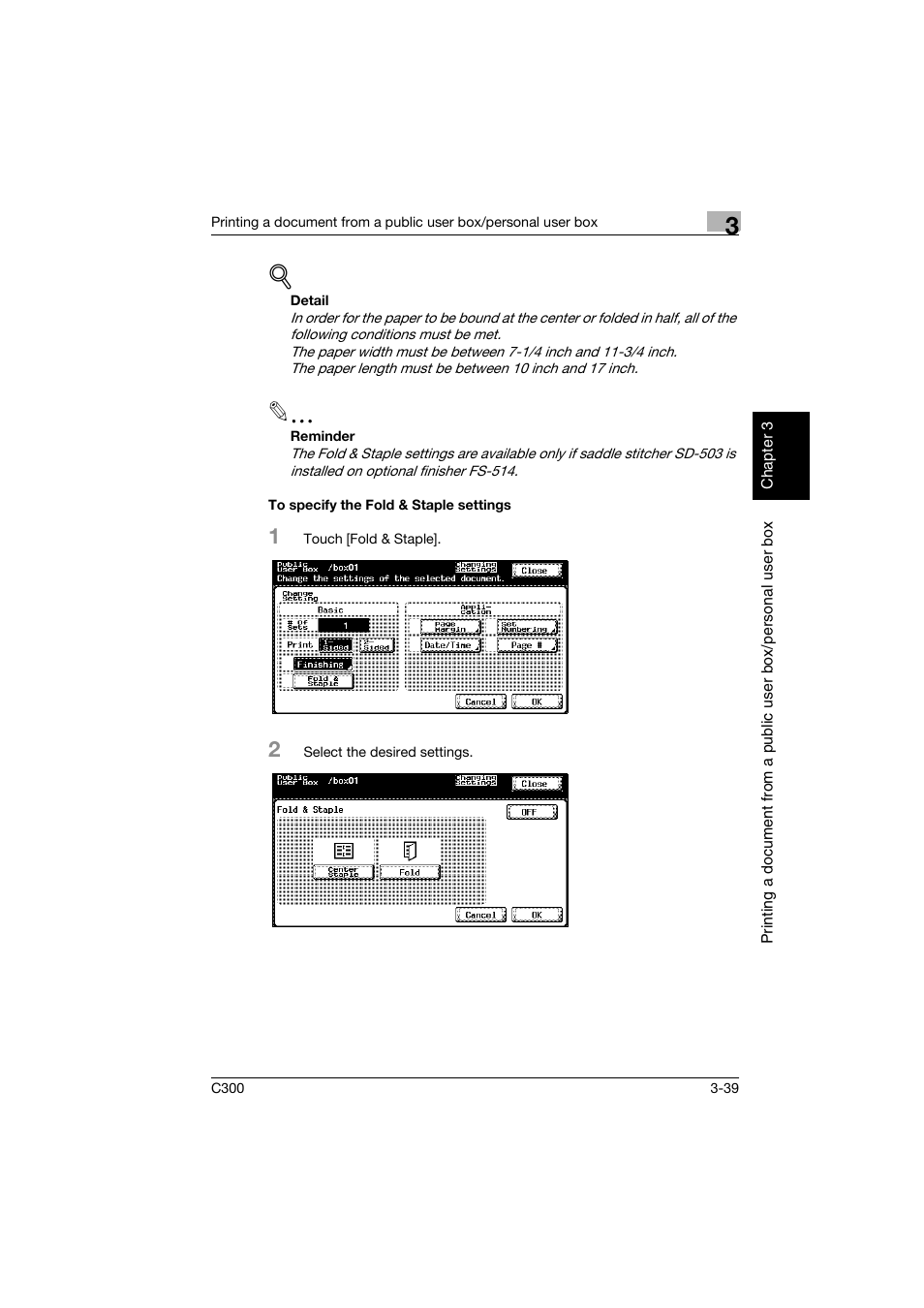 To specify the fold & staple settings, To specify the fold & staple settings -39, P. 3-39 | Konica Minolta bizhub C300 User Manual | Page 76 / 198