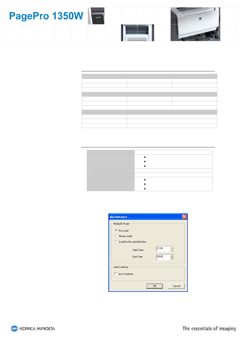 Physical dimensions, Operating environment conditions, Power supply | Power consumption, Temperature (operating), Humidity (operating) | Konica Minolta PagePro 1350W User Manual | Page 7 / 18