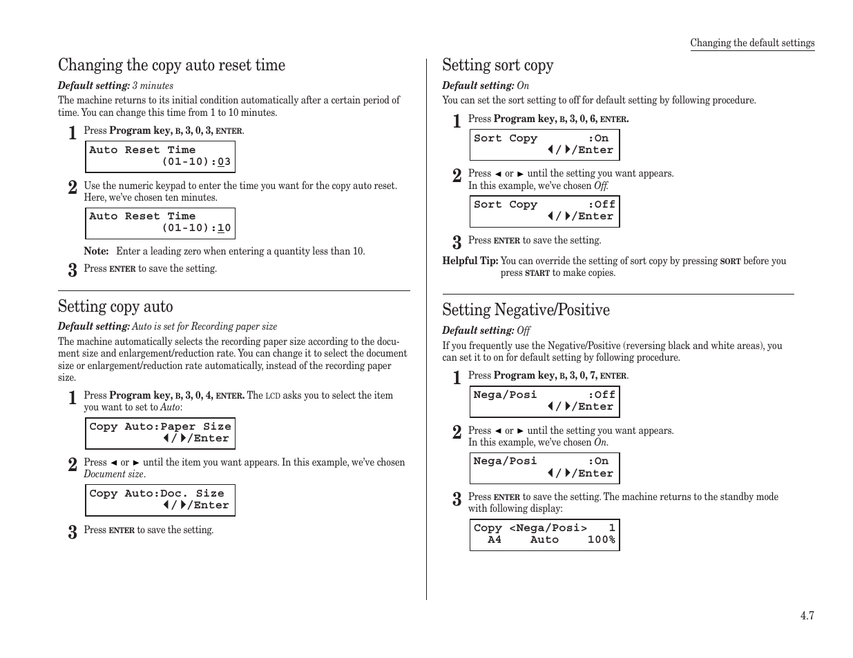 Changing the copy auto reset time, Setting copy auto, Setting sort copy | Setting negative/positive | Konica Minolta 7013 User Manual | Page 116 / 150