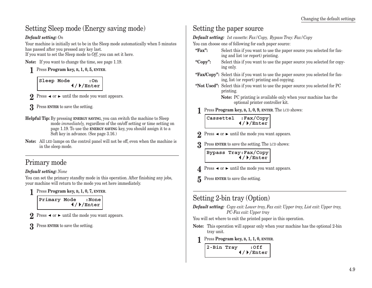 Setting sleep mode (energy saving mode), Primary mode, Setting the paper source | Setting 2-bin tray (option) | Konica Minolta 7013 User Manual | Page 118 / 150