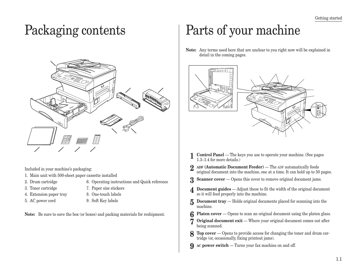 Packaging contents, Parts of your machine | Konica Minolta 7013 User Manual | Page 12 / 150
