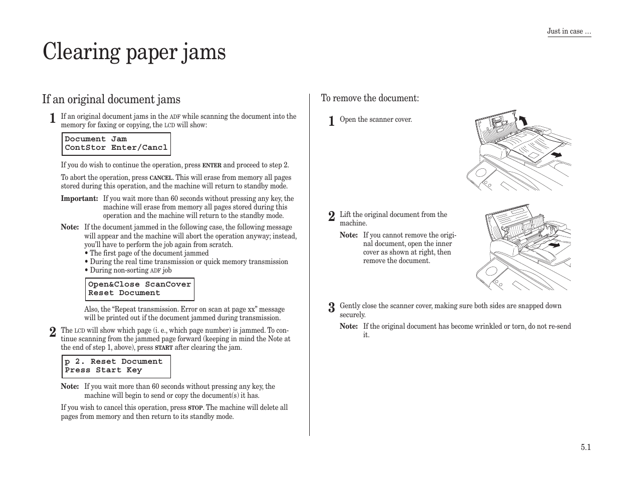 Clearing paper jams, If an original document jams | Konica Minolta 7013 User Manual | Page 122 / 150
