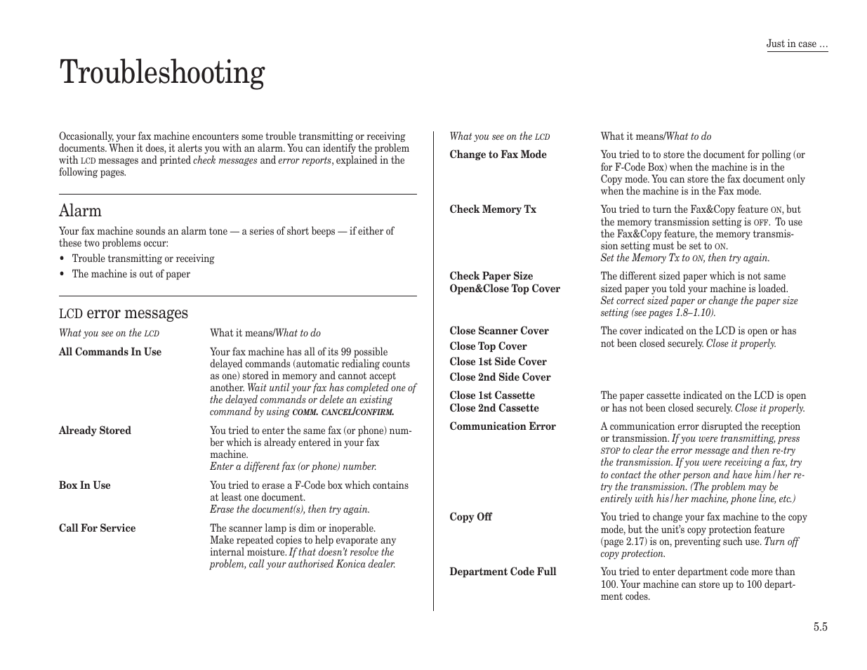 Troubleshooting, Alarm, Error messages | Konica Minolta 7013 User Manual | Page 126 / 150