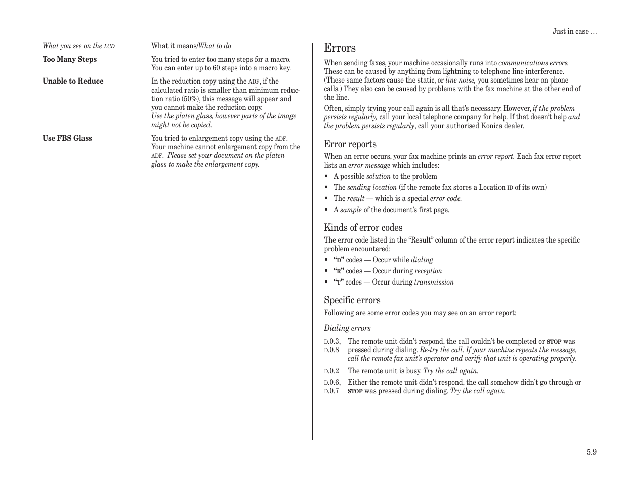 Errors, Error reports, Kinds of error codes | Specific errors | Konica Minolta 7013 User Manual | Page 130 / 150