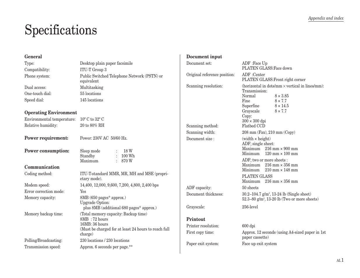 Specifications | Konica Minolta 7013 User Manual | Page 144 / 150