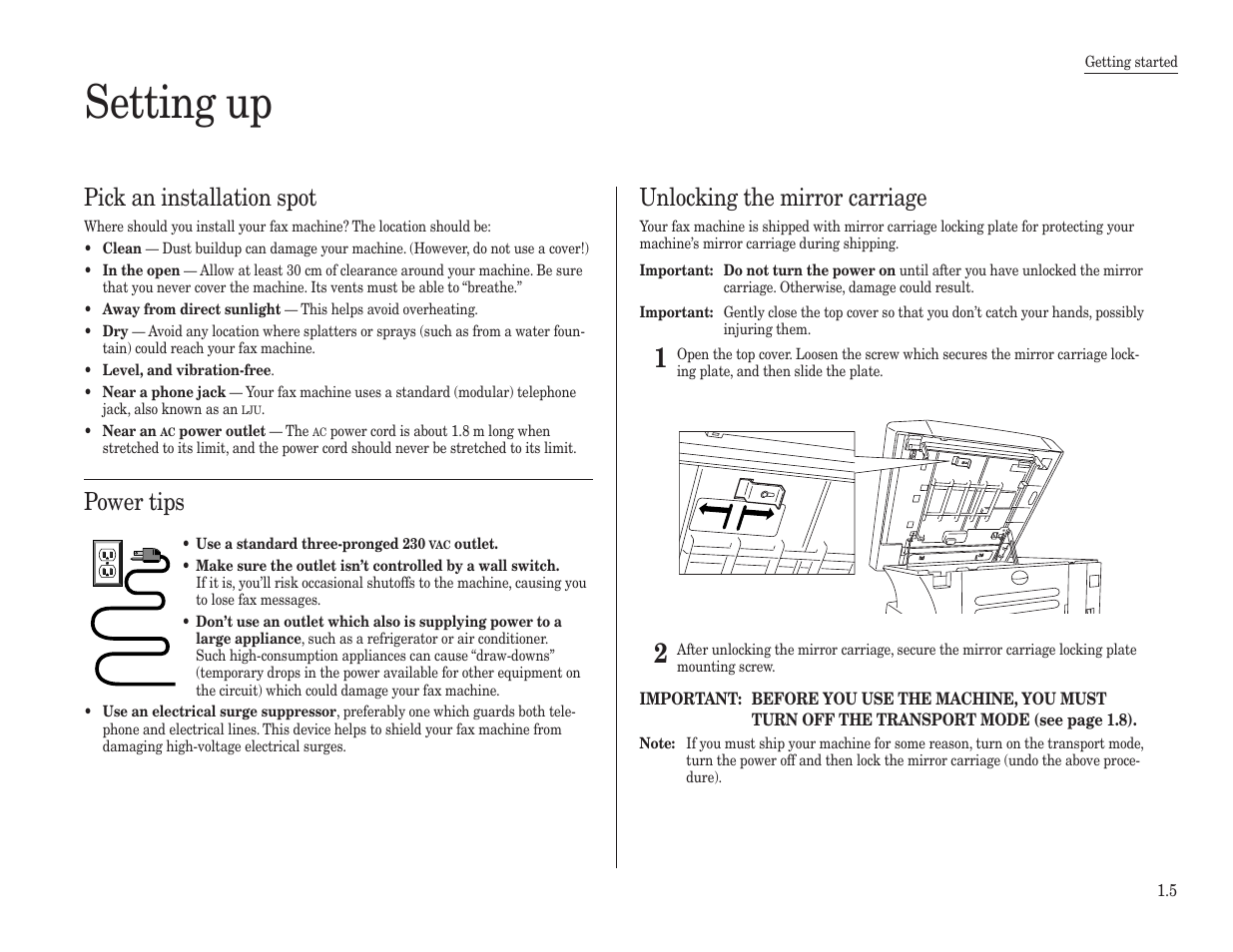 Setting up, Pick an installation spot, Power tips | Unlocking the mirror carriage | Konica Minolta 7013 User Manual | Page 16 / 150