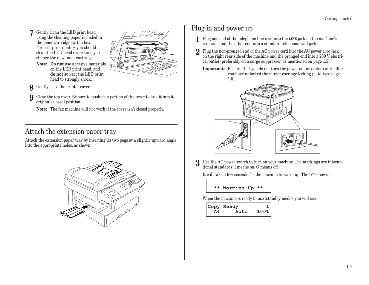 Attach the extension paper tray, Plug in and power up | Konica Minolta 7013 User Manual | Page 18 / 150