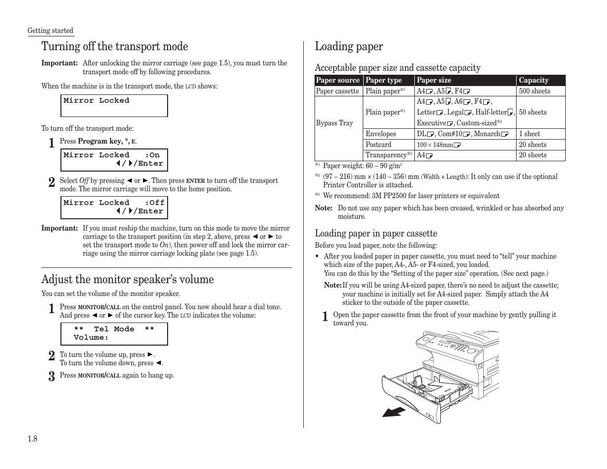Turning off the transport mode, Adjust the monitor speaker’s volume, Loading paper | Konica Minolta 7013 User Manual | Page 19 / 150