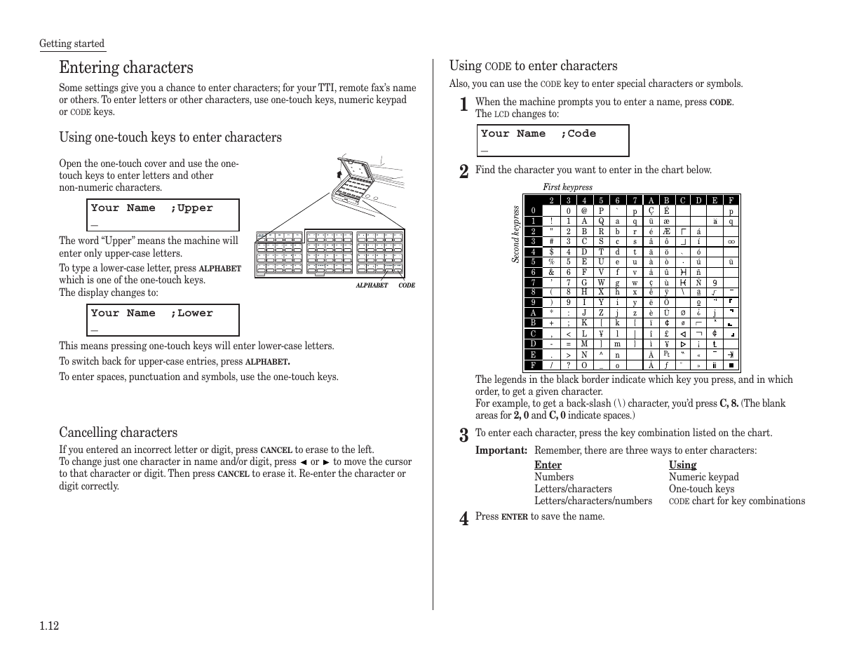 Entering characters, Using one-touch keys to enter characters, Cancelling characters | Using | Konica Minolta 7013 User Manual | Page 23 / 150