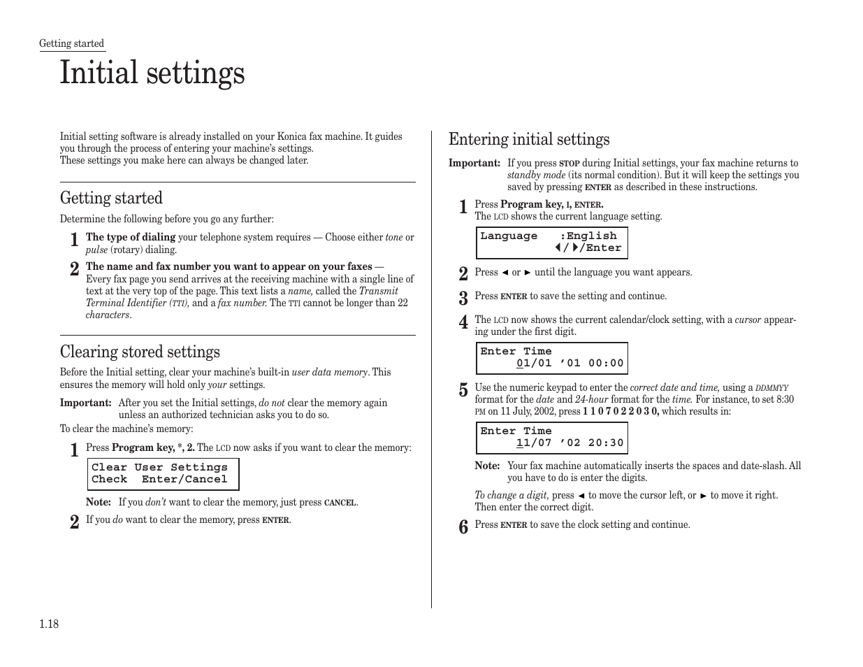 Initial settings, Getting started, Clearing stored settings | Entering initial settings | Konica Minolta 7013 User Manual | Page 29 / 150