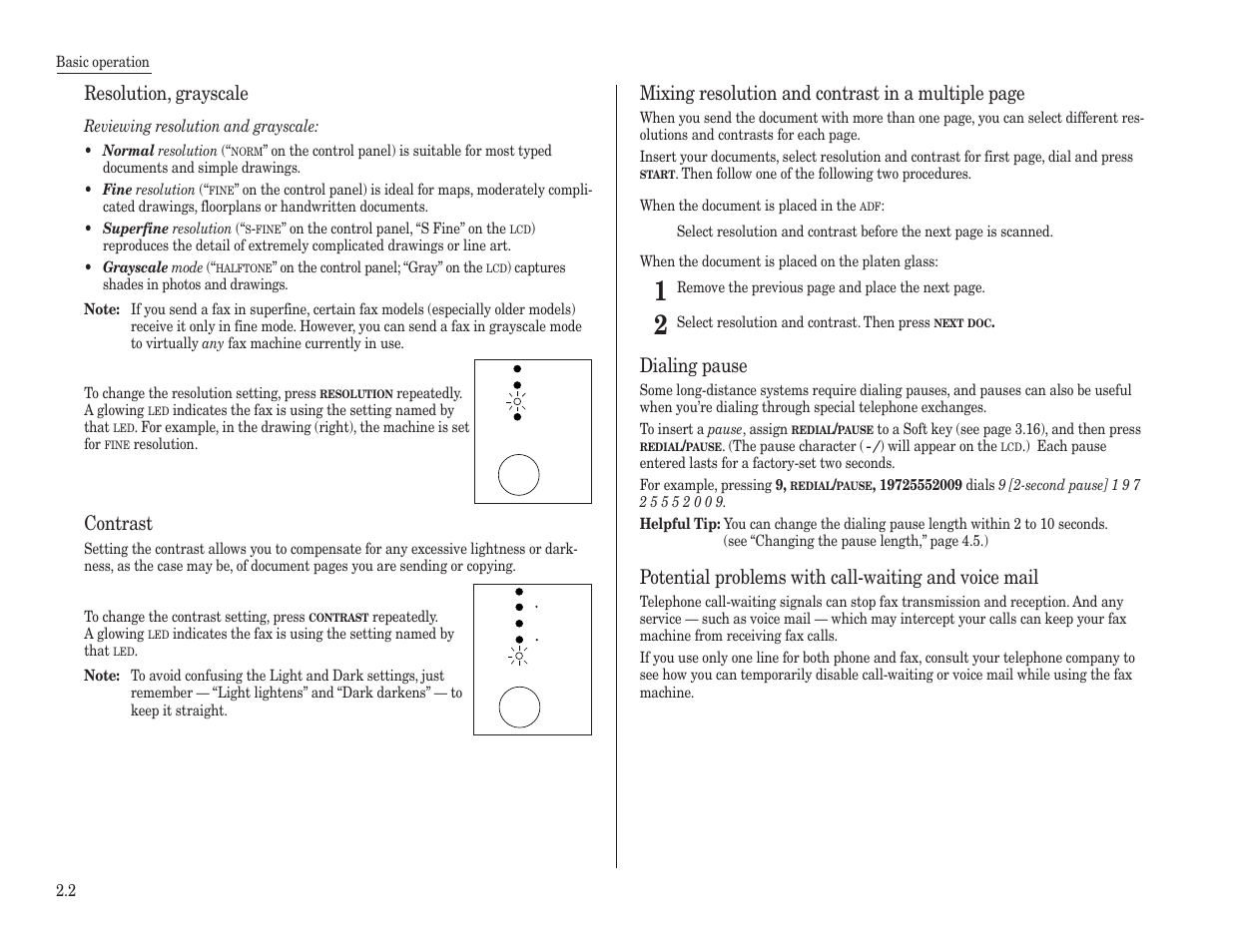 Resolution, grayscale, Contrast, Mixing resolution and contrast in a multiple page | Dialing pause | Konica Minolta 7013 User Manual | Page 33 / 150