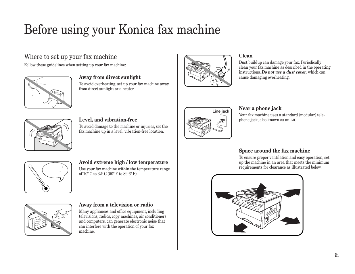 Before using your konica fax machine, Where to set up your fax machine | Konica Minolta 7013 User Manual | Page 4 / 150