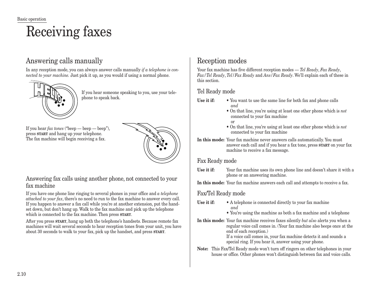 Receiving faxes, Answering calls manually, Reception modes | Konica Minolta 7013 User Manual | Page 41 / 150