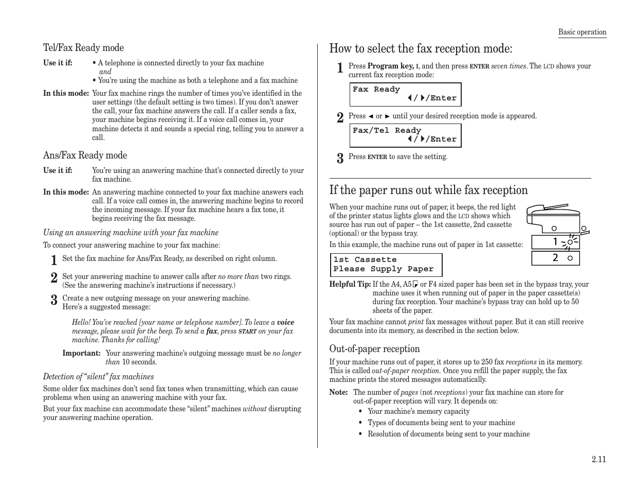 How to select the fax reception mode, If the paper runs out while fax reception | Konica Minolta 7013 User Manual | Page 42 / 150