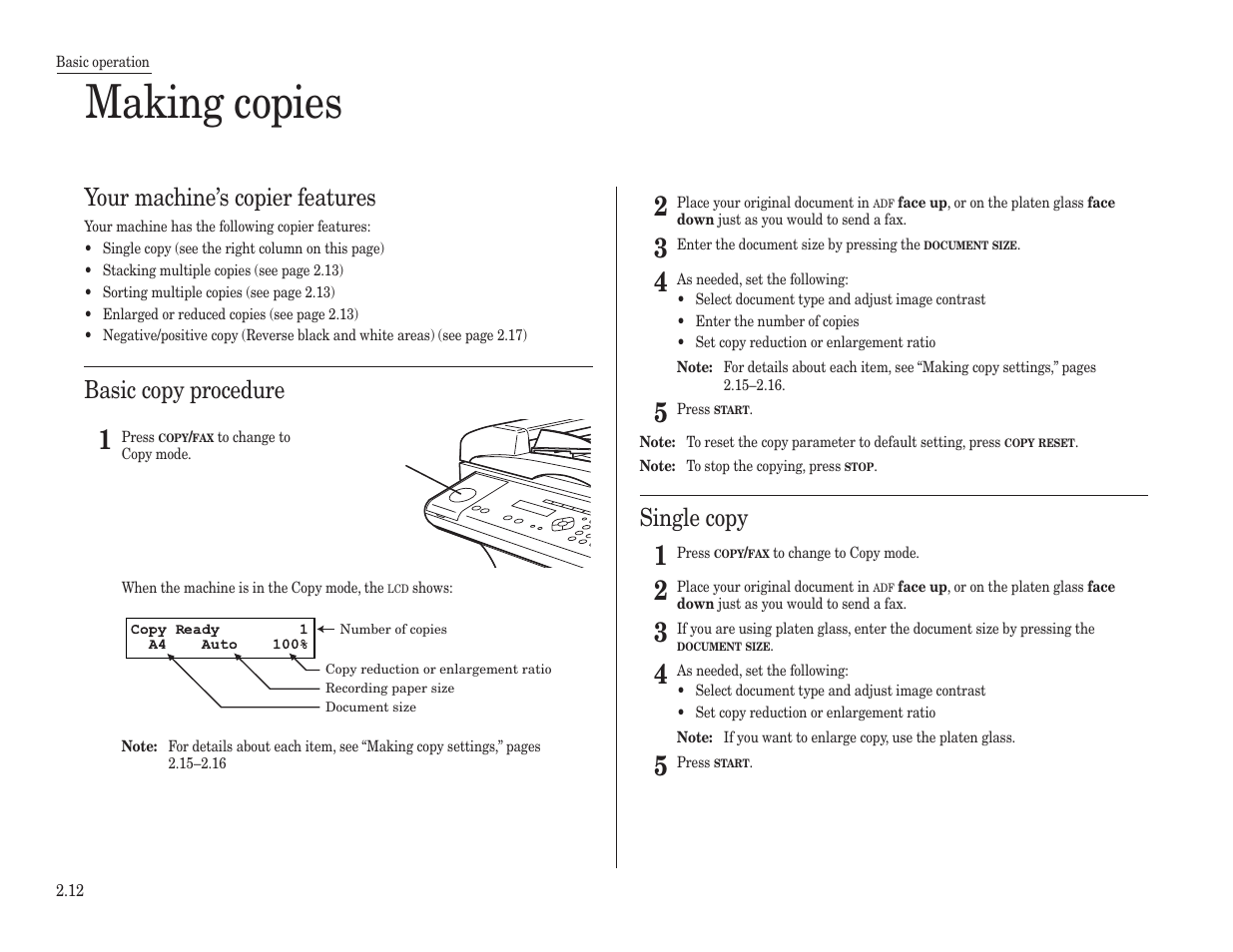 Making copies, Your machine’s copier features, Basic copy procedure | Single copy | Konica Minolta 7013 User Manual | Page 43 / 150