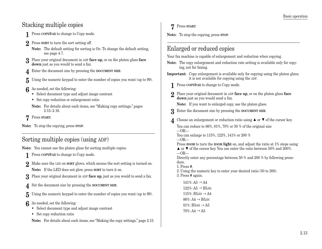Stacking multiple copies, Sorting multiple copies (using, Enlarged or reduced copies | Konica Minolta 7013 User Manual | Page 44 / 150