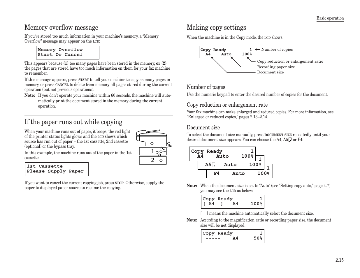 If the paper runs out while copying, Making copy settings | Konica Minolta 7013 User Manual | Page 46 / 150