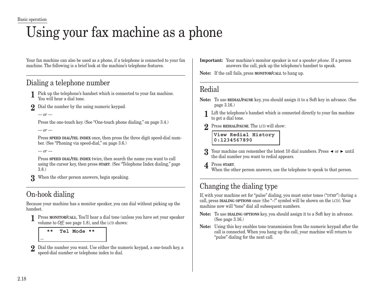 Using your fax machine as a phone, Dialing a telephone number, On-hook dialing | Redial, Changing the dialing type | Konica Minolta 7013 User Manual | Page 49 / 150