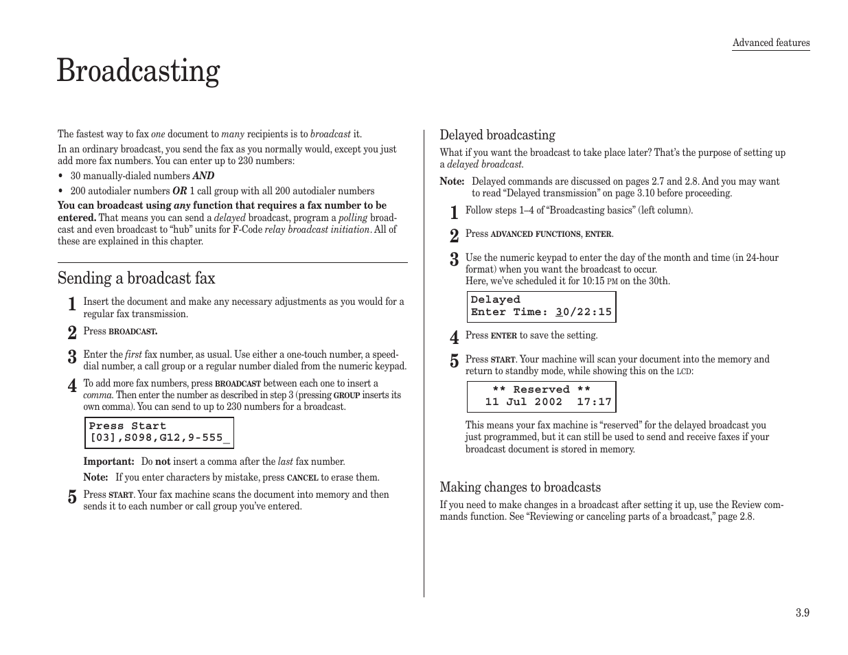 Broadcasting, Sending a broadcast fax | Konica Minolta 7013 User Manual | Page 60 / 150