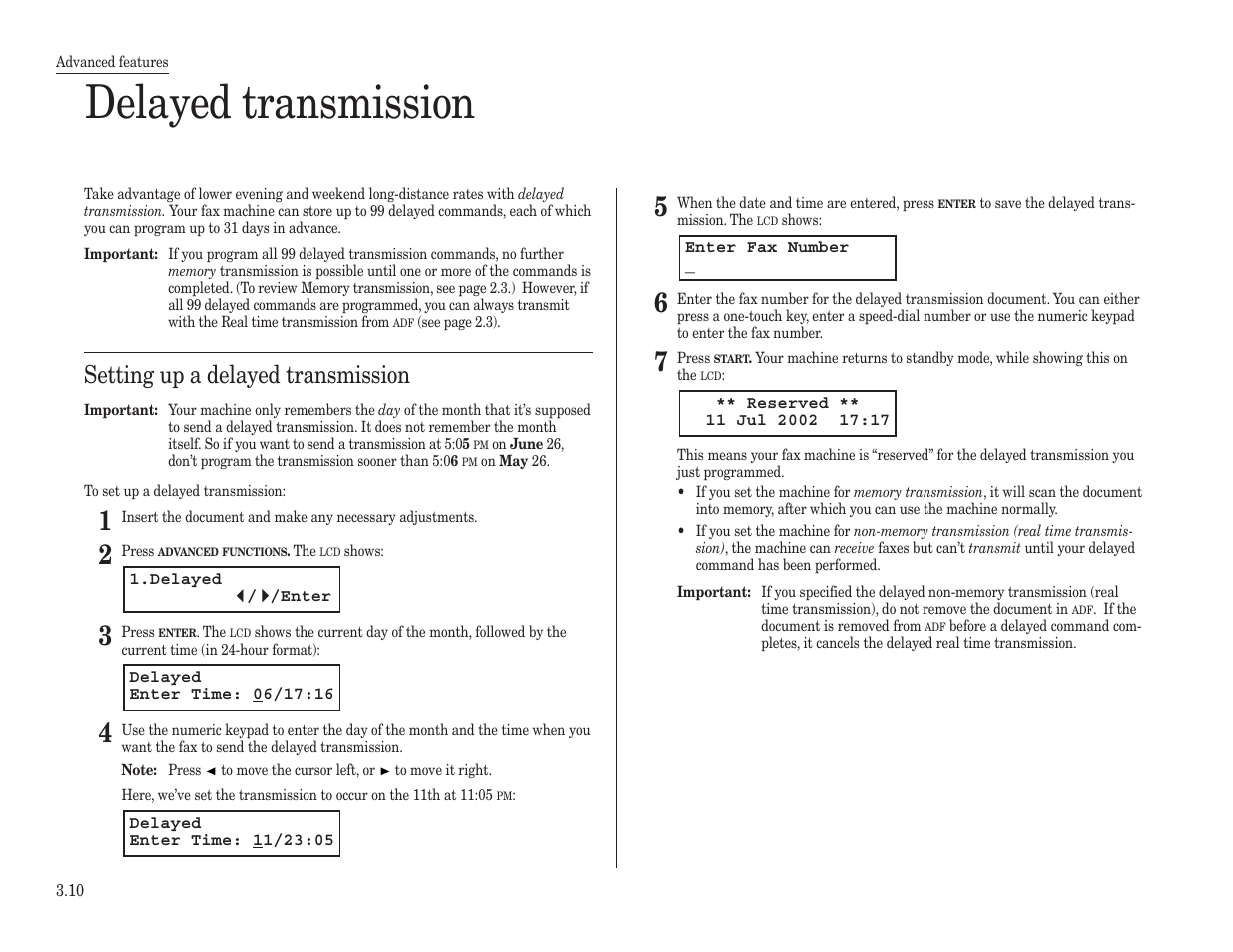 Delayed transmission, Setting up a delayed transmission | Konica Minolta 7013 User Manual | Page 61 / 150