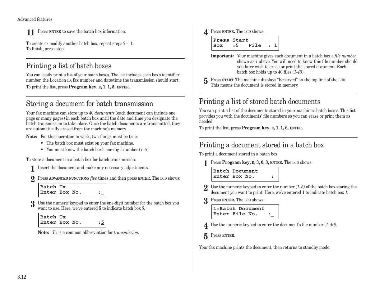 Printing a list of batch boxes, Storing a document for batch transmission, Printing a list of stored batch documents | Printing a document stored in a batch box | Konica Minolta 7013 User Manual | Page 63 / 150