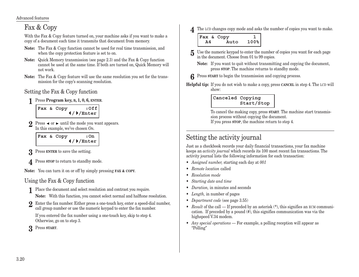 Fax & copy, Setting the activity journal | Konica Minolta 7013 User Manual | Page 71 / 150