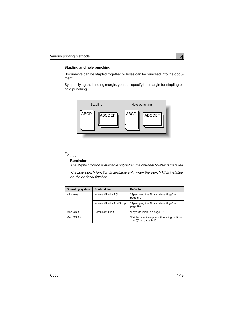 Stapling and hole punching, Stapling and hole punching -18 | Konica Minolta bizhub C550 User Manual | Page 133 / 400