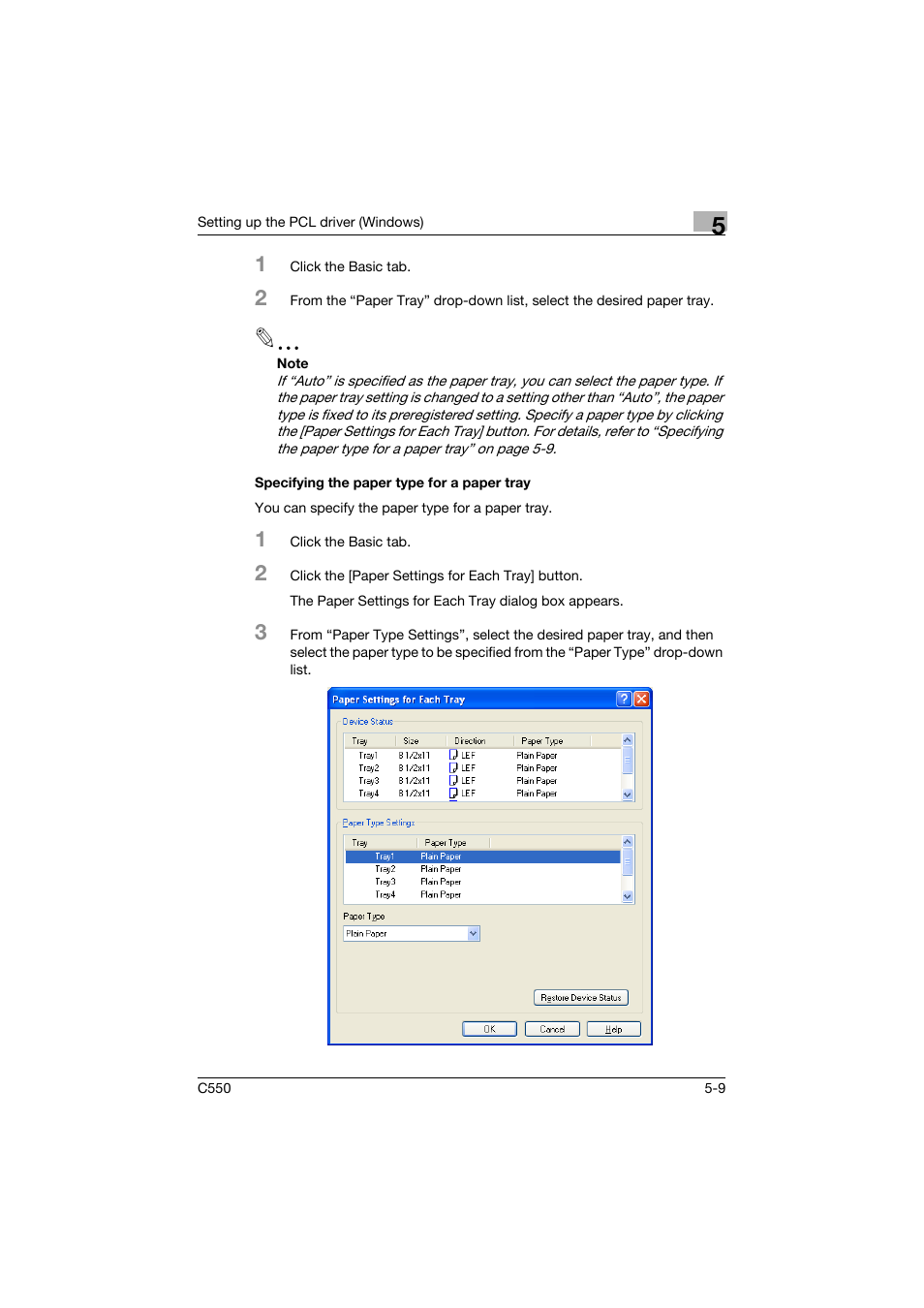 Specifying the paper type for a paper tray, Specifying the paper type for a paper tray -9 | Konica Minolta bizhub C550 User Manual | Page 152 / 400