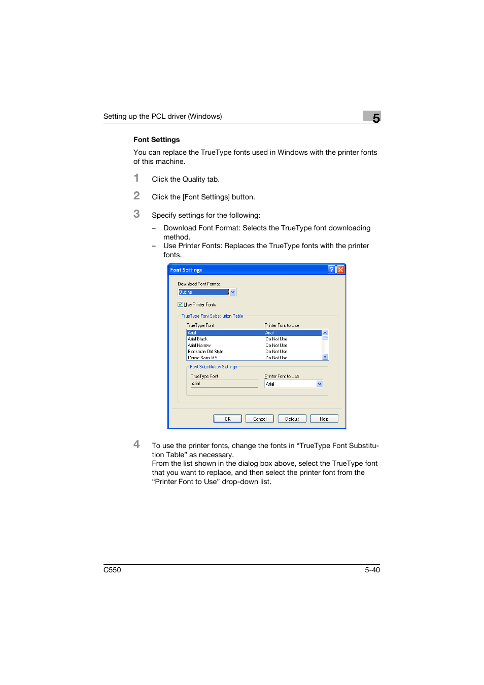 Font settings, Font settings -40 | Konica Minolta bizhub C550 User Manual | Page 183 / 400