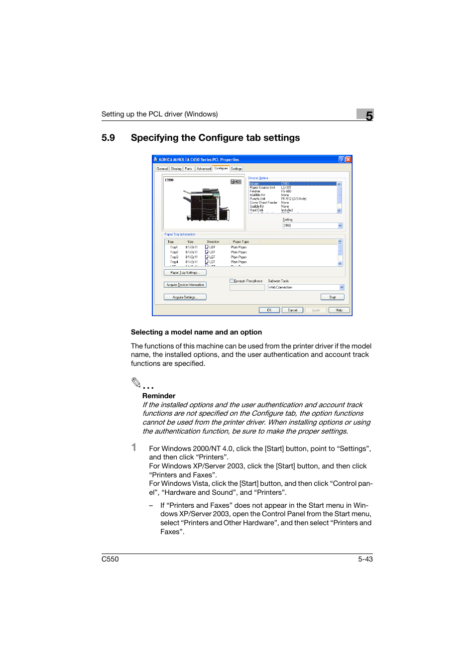 9 specifying the configure tab settings, Selecting a model name and an option, Specifying the configure tab settings -43 | Selecting a model name and an option -43 | Konica Minolta bizhub C550 User Manual | Page 186 / 400