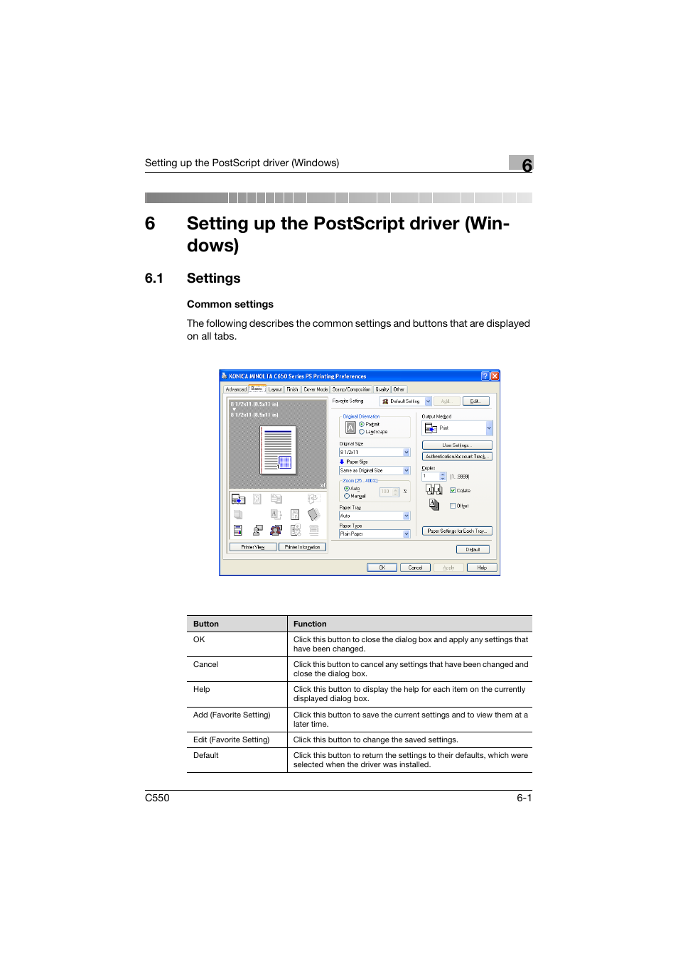 6 setting up the postscript driver (windows), 1 settings, Common settings | Setting up the postscript driver (windows), Settings -1, Common settings -1, 6setting up the postscript driver (win- dows) | Konica Minolta bizhub C550 User Manual | Page 198 / 400