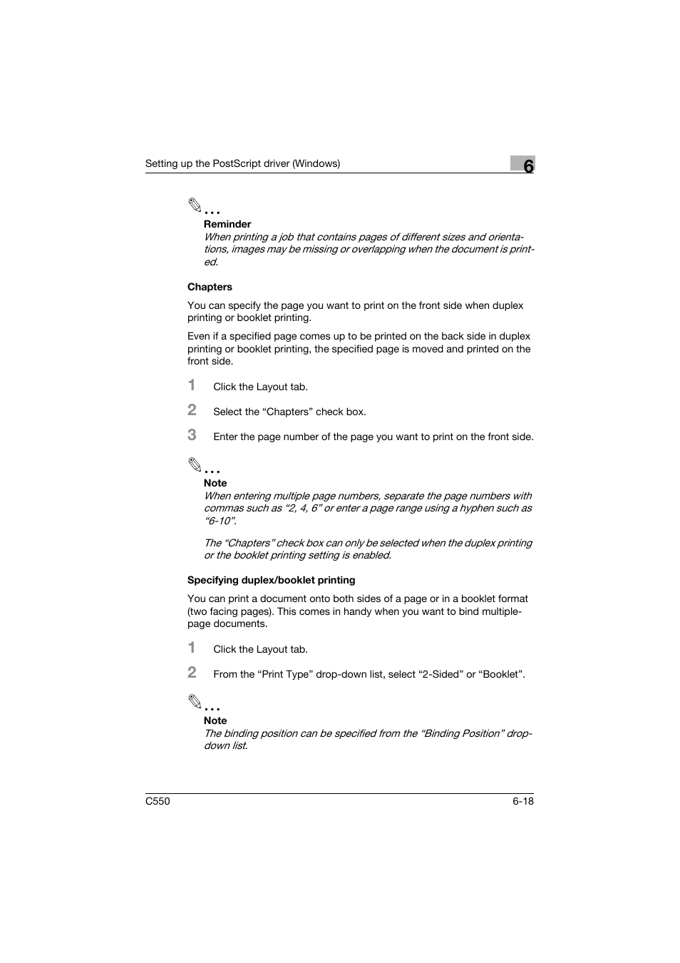 Chapters, Specifying duplex/booklet printing | Konica Minolta bizhub C550 User Manual | Page 215 / 400