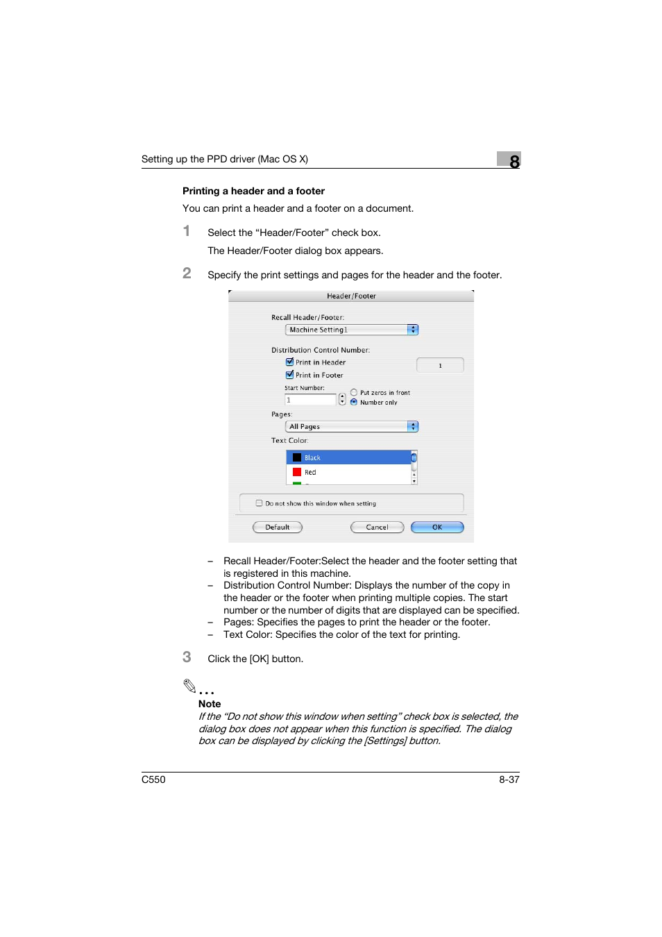 Printing a header and a footer, Printing a header and a footer -37 | Konica Minolta bizhub C550 User Manual | Page 302 / 400