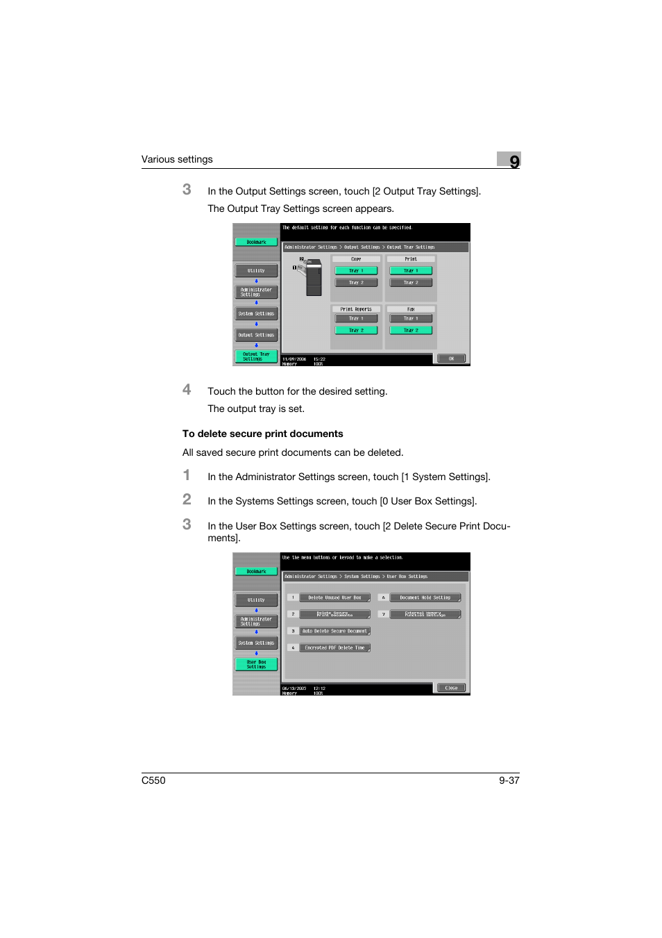 To delete secure print documents, To delete secure print documents -37 | Konica Minolta bizhub C550 User Manual | Page 346 / 400