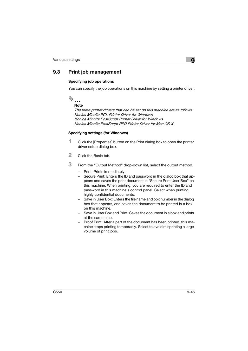 3 print job management, Specifying job operations, Specifying settings (for windows) | Print job management -46 | Konica Minolta bizhub C550 User Manual | Page 355 / 400