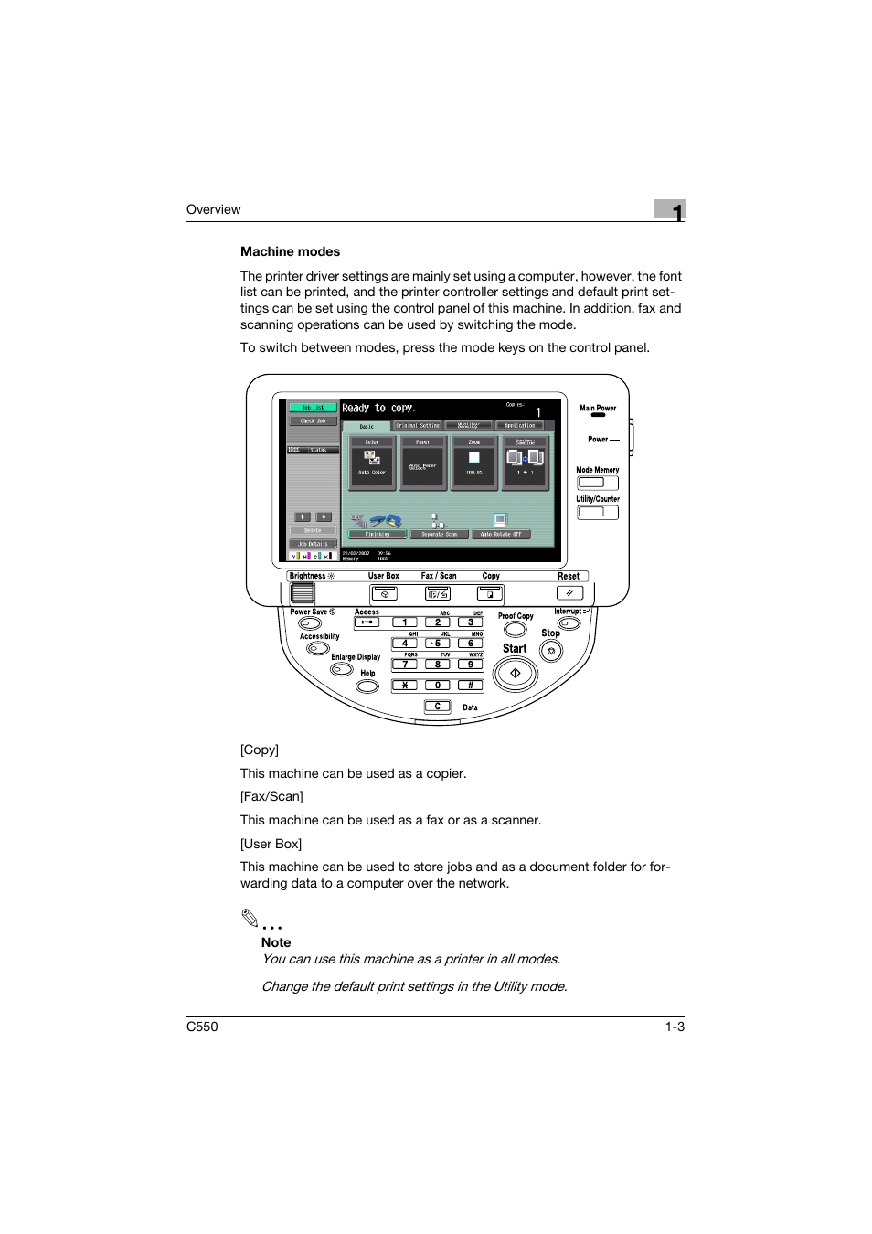 Machine modes, Machine modes -3 | Konica Minolta bizhub C550 User Manual | Page 36 / 400