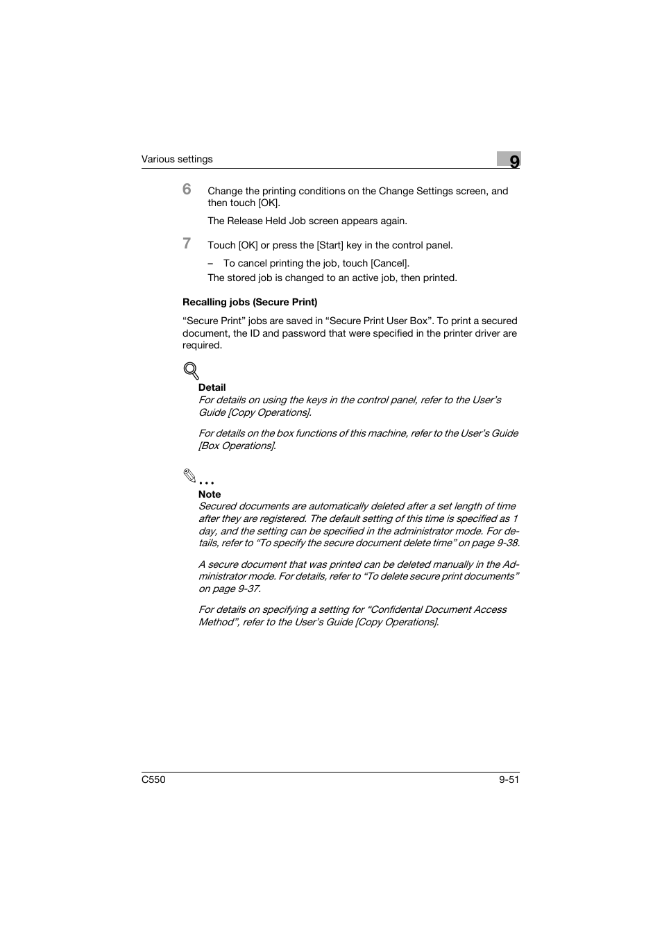 Recalling jobs (secure print), Recalling jobs (secure print) -51 | Konica Minolta bizhub C550 User Manual | Page 360 / 400