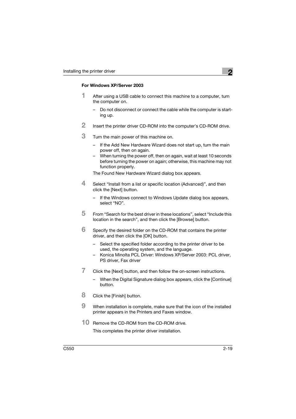 For windows xp/server 2003, For windows xp/server 2003 -19 | Konica Minolta bizhub C550 User Manual | Page 62 / 400
