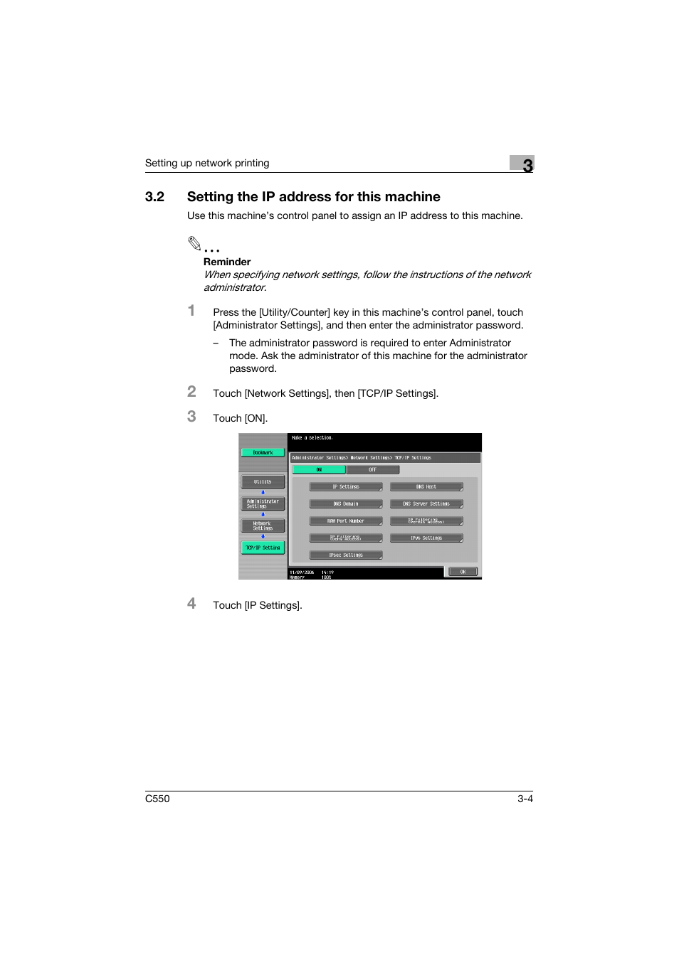 2 setting the ip address for this machine, Setting the ip address for this machine -4 | Konica Minolta bizhub C550 User Manual | Page 77 / 400