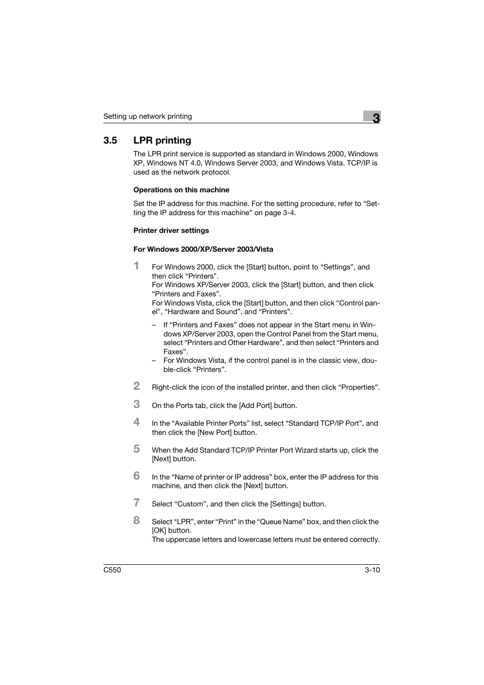 5 lpr printing, Operations on this machine, Printer driver settings | For windows 2000/xp/server 2003/vista, Lpr printing -10 | Konica Minolta bizhub C550 User Manual | Page 83 / 400