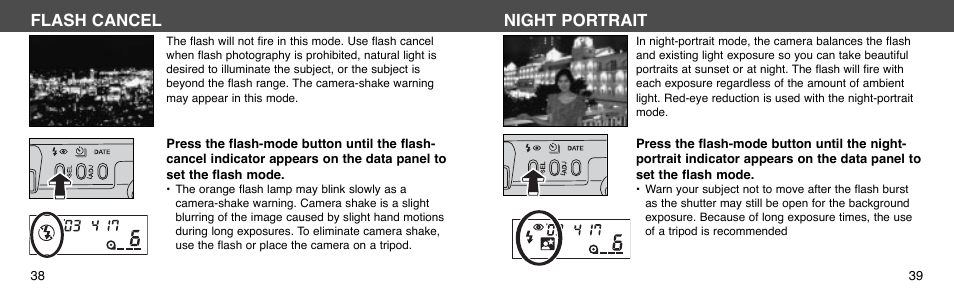 Flash cancel, Night portrait | Konica Minolta I60c User Manual | Page 20 / 33