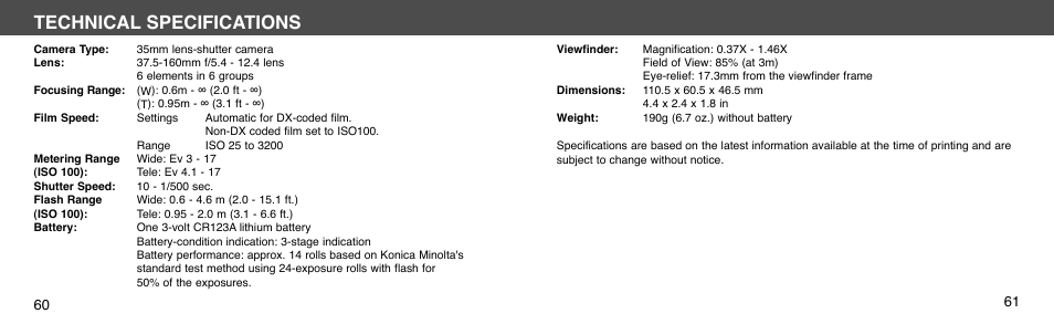 Technical specifications | Konica Minolta I60c User Manual | Page 31 / 33