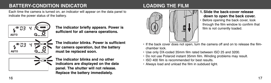 Loading the film, Battery-condition indicator | Konica Minolta I60c User Manual | Page 9 / 33