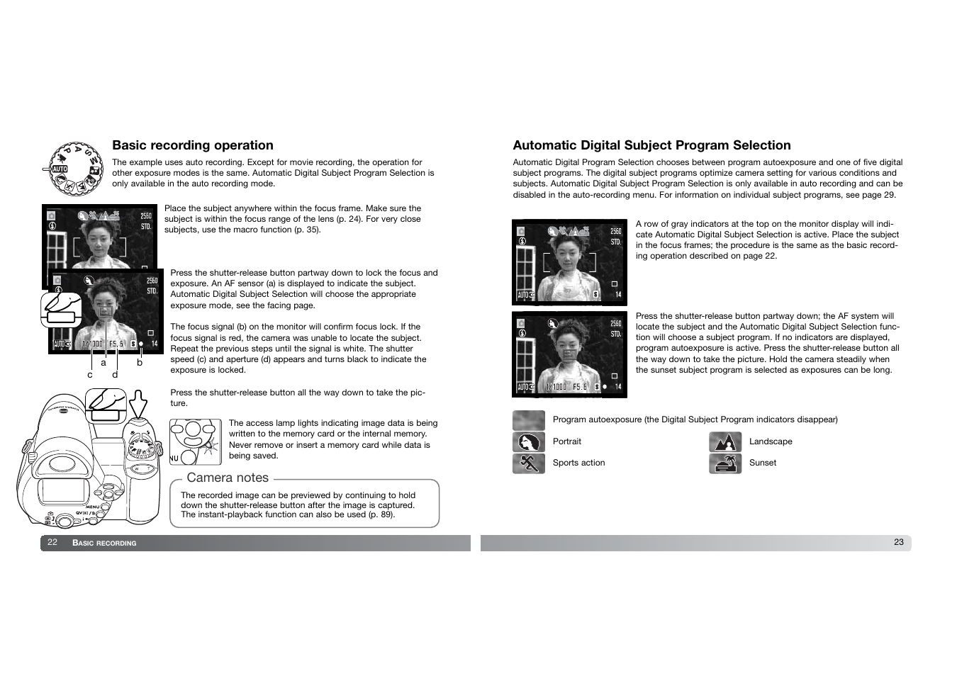 Basic recording operation, Automatic digital subject program selection | Konica Minolta DIMAGE-Z20 User Manual | Page 12 / 62