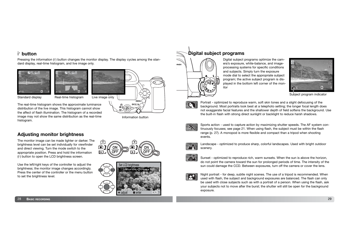 Button adjusting monitor brightness, Digital subject programs | Konica Minolta DIMAGE-Z20 User Manual | Page 15 / 62