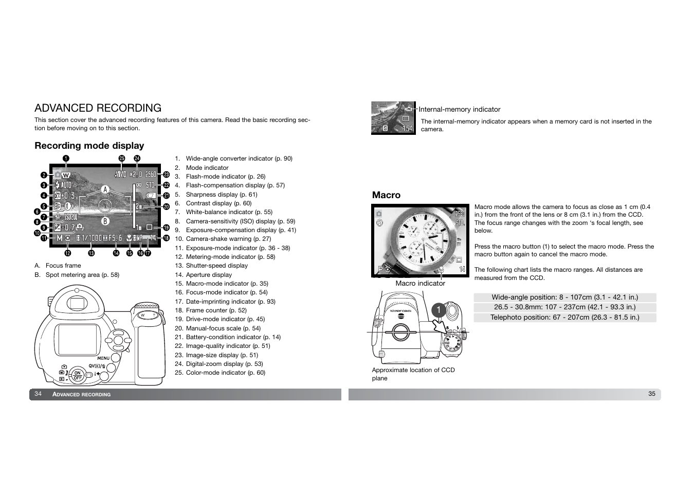 Advanced recording, Recording mode display, Macro | Konica Minolta DIMAGE-Z20 User Manual | Page 18 / 62