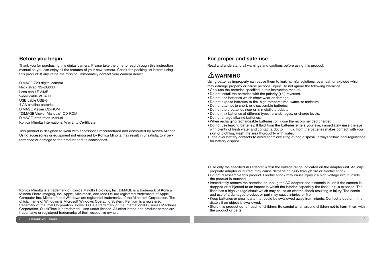 Before you begin, Warning, For proper and safe use | Konica Minolta DIMAGE-Z20 User Manual | Page 2 / 62