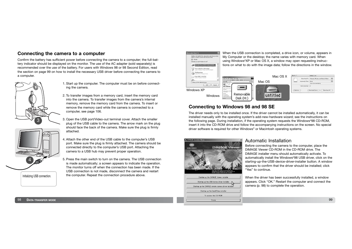 Connecting the camera to a computer, Connecting to windows 98 and 98 se, Automatic installation | Konica Minolta DIMAGE-Z20 User Manual | Page 50 / 62